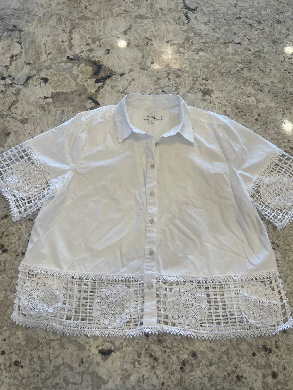 Chico's Poplin White Crochet Trim Shirt Button Up Statement Summer Crisp Cotton - Picture 1 of 8